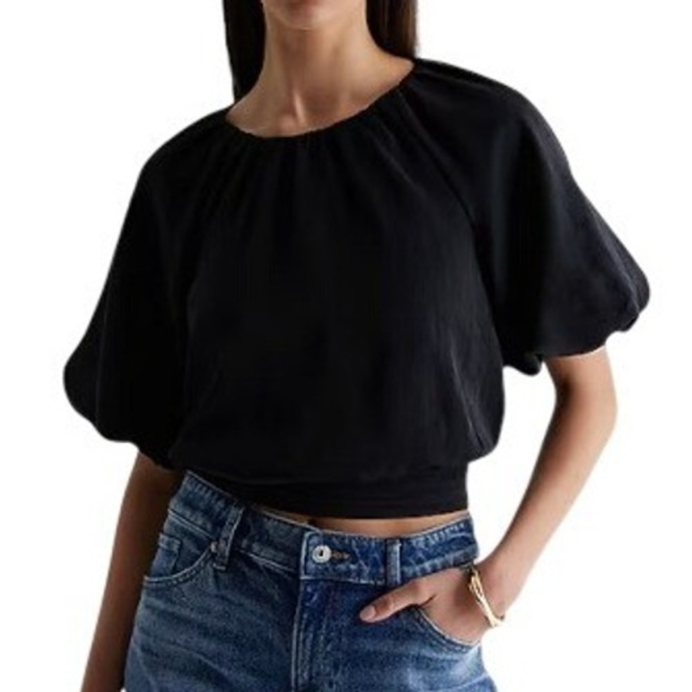 Express Gathered Neck Puff Sleeve Banded Bottom Top Black Blouse Womens Size NEW